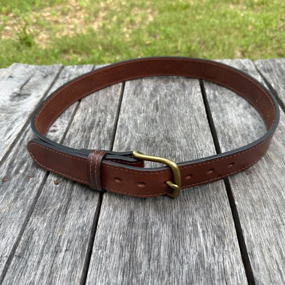 Mens Brown Leather Work Belt‎ Size 38 Solid Brass Buckle Heavy Duty Stitched